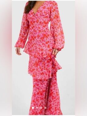 Boohoo Pink & Red Floral Ruffle Tiered Maxi Dress | Long Sleeve V-Neck | 8 Tall